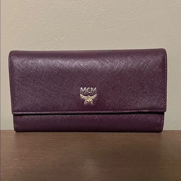 MCM Plum Dark Purple Leather Long Wallet with Two Tone Gold and Silver Logo - Picture 1 of 14